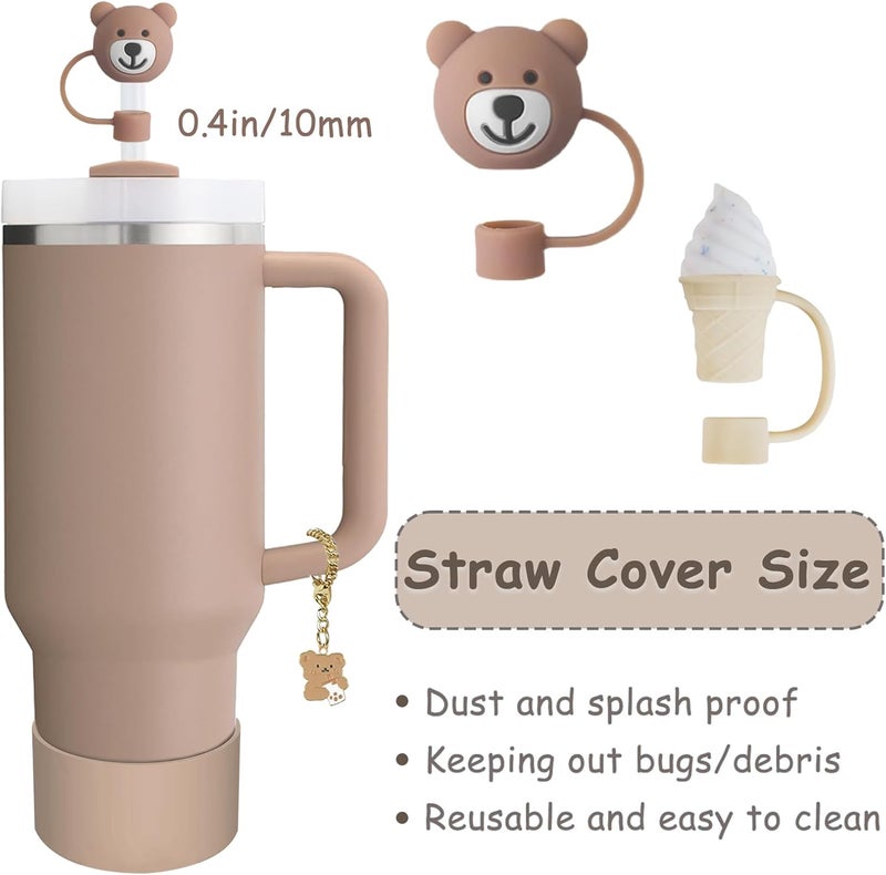 vikgle Stanley Cup Accessories Set,Including 2 Pcs 0.4in Straw Cover, 1 Silicone Spill-Proof Stopper Set of 3, 1 Cute Bear Handle Charm, 1 Silicone Boot Fits Stanley 40&30 Oz Tumbler (Almond Rose) - Image 2